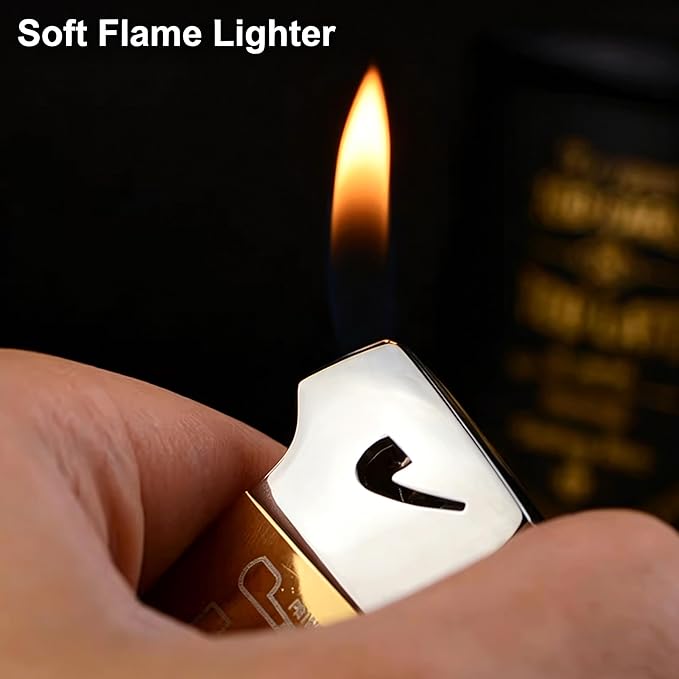 Soft Flame Butane Lighter with Built-in 3-in-1 P-ipe Tool Cleaner, Unique Refillable Candle Lighter, Angled Gas Window, Unique Gifts for Men, Birthday, Father’s Day, Valentine’s Day (Silver, No Fuel)