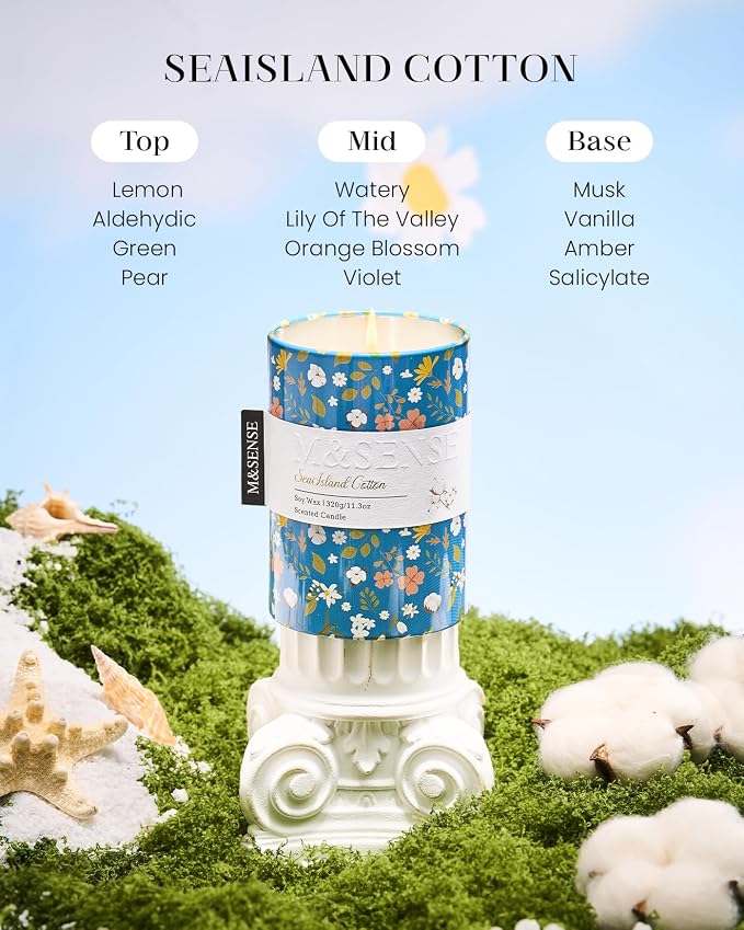 M&SENSE Summer Candle 11.3 oz, Sea Island Cotton Scented Candle, Non-Toxin Soy Wax for Home Scented, Floral Candles Gift for Her, Up to 70 Hours Burning Long-Lasting Fragrance