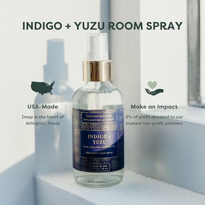Calyan Wax Co. Indigo & Yuzu Room Spray - Clean Air Freshener - Natural Room Deodorizer - Air Freshener Spray for Home - 4 fl oz