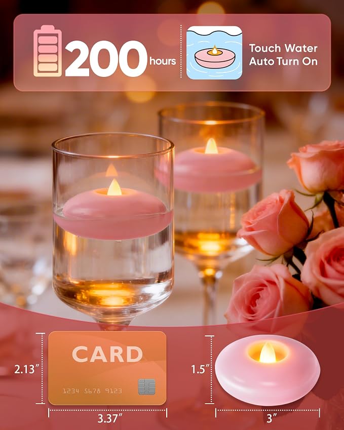 Homemory 12 Pack 3” Flameless Led Floating Candles, 200 Hour Pink Battery Operate Waterproof Tealights for Cylinder Vases, Centerpieces at Wedding Decor, Party, Pool