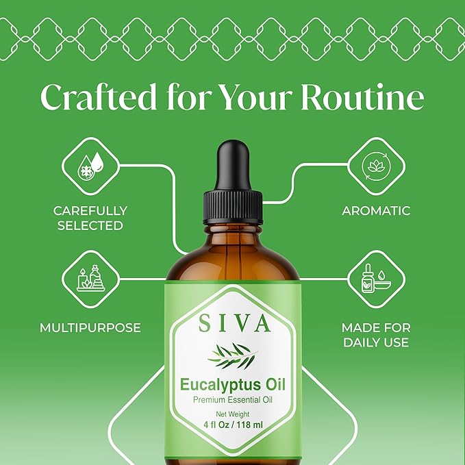 Siva Eucalyptus Essential Oil 4 Fl Oz – for Diffuser, Skin & Hair Care – Ideal for Aromatherapy, Massage & DIY Blends- with Dropper