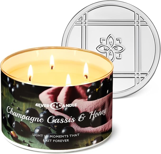 4EVER Scented Candles | 4-Wick 18oz Soy Wax Candle | Up to 50Hrs Clean Burn | Aromatherapy Candles for Home Scented | Gifts for Women & Mom, Champagne Cassis & Honey
