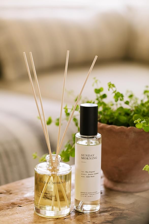 Brooklyn Candle Studio Reed Scent Diffuser - Sunday Morning - Relaxing Oil Diffuser, Pear, Jasmine & Amber Fragrance, 8 Rattan Diffuser Reeds, Clean Ingredients - 3.7oz