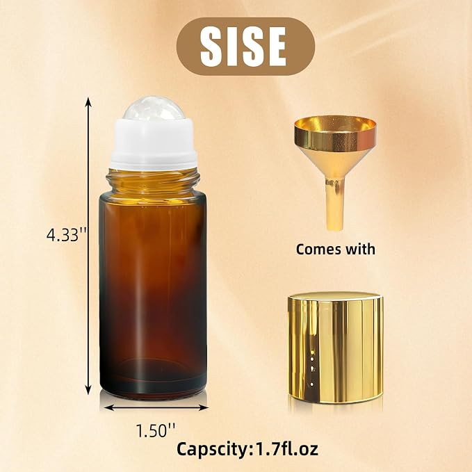 Clear Quartz Roller Bottle for Essential Oils, 50ml Refillable Amber Glass Roll On with Natural Crystal Roller Ball, Leak-Proof Travel Perfume Bottle with Gold Cap