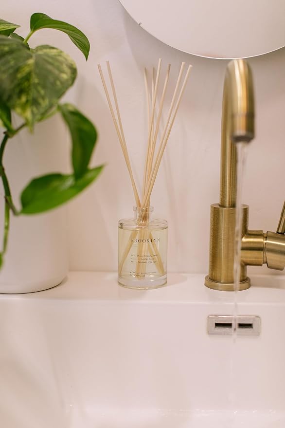 Brooklyn Candle Studio Reed Scent Diffuser - Brooklyn - Relaxing Oil Diffuser, Sage, Cassis & Orange Blossom Fragrance, 8 Rattan Diffuser Reeds, Clean Ingredients - 4.4oz