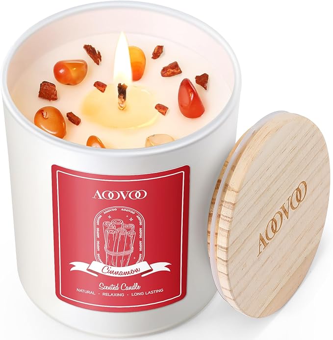AOOVOO Cinnamon Scented Candles for Women - Aromatherapy Candle with Crystals Inside, 10oz Soy Candles for Home Scented, Birthday Gifts Valentines Day Candle for Women Mom