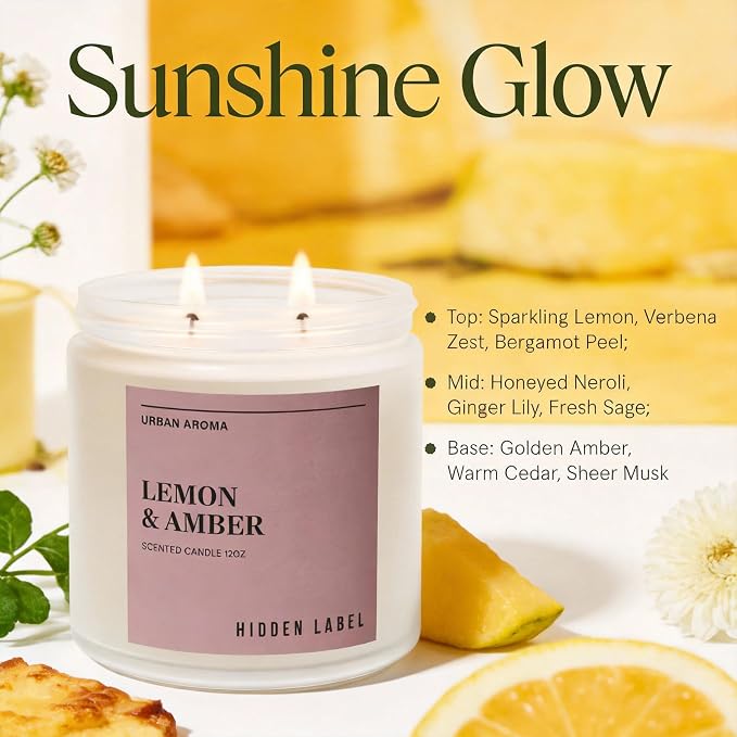 Hidden Label Lemon Amber Soy Candle, 12oz 2-Wick, 70H Bright Warmth | Non-Toxic Natural Wax, Paraben & Phthalate-Free, Clean Burn | Elegant Decor & Gift-Ready | Uplift & Relaxation