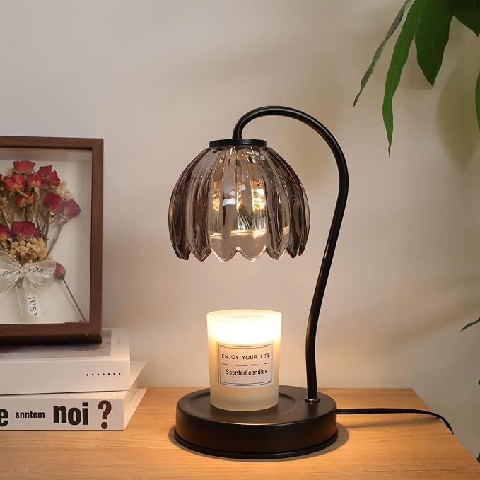 Electric Candle Warmer Lamp with Timer & Dimmer, Gray Tulip Lampshade | For Scented Jar Candle, 2 Bulbs Included, Birthday Gift for Women, House Warming Gifts, Home Office Apartment Decor