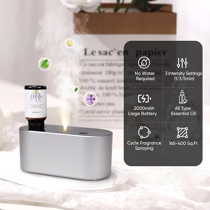 Lecdura Waterless Diffuser for Essential Oil, Battery Operated Scent Air Aromatherapy Diffuser, Mini Aroma Diffusers with 3 Intermittent Mist Modes, Cycle Start for Home Office Bedroom - Silver