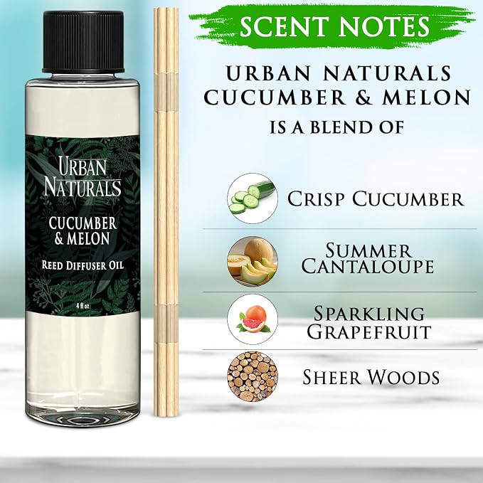 Urban Naturals Reed Diffuser Oil Refill Cucumber Melon, Crisp Cucumber, Juicy Melon, Refreshing Summer Scent, 4 oz + Free Reed Sticks, Made in the USA