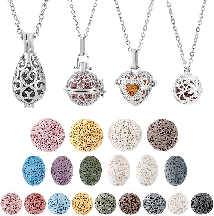 PH PandaHall 4pcs Essential Oil Diffuser Necklace Aromatherapy Locket Pendant With Stainless Steel Necklace And 26 Pieces Refill Lava Rock Round Beads for Women Jewelry Accessory Birthday Gift