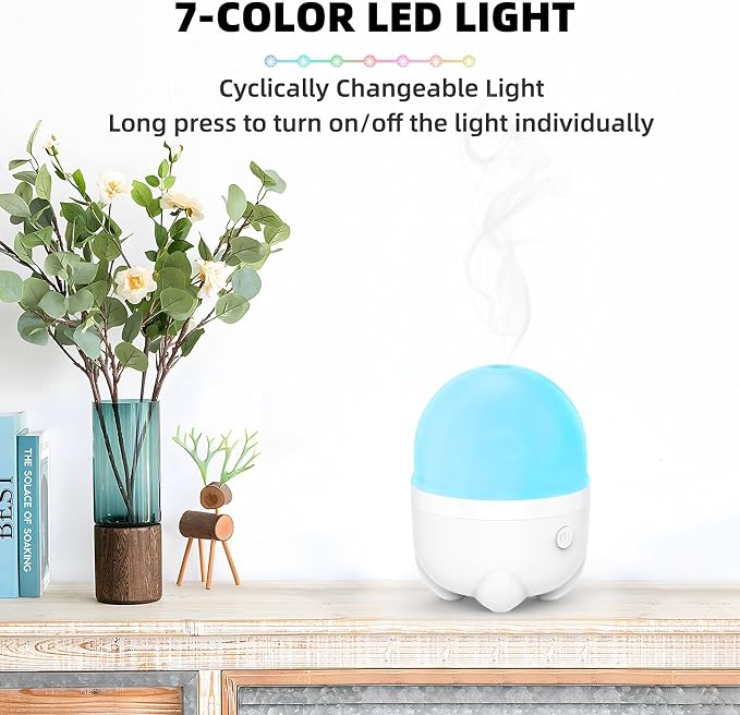 SEEDSEEL 150ML Battery Powered Essential Oil Diffuser, Built-in Rechargeable Battery, 7 Hours Run Time,Portable Cordless Aromatherapy Air Diffuser with 7 LED Color Changing Lights (White)