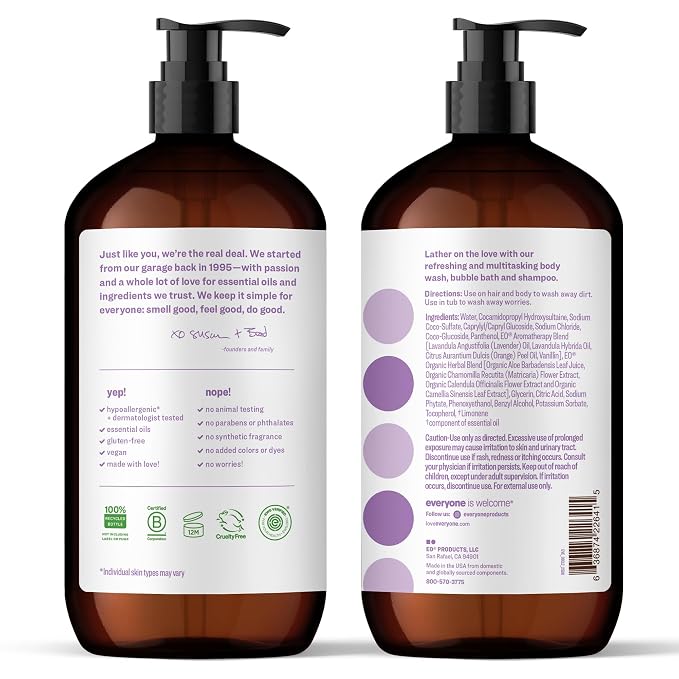 Everyone 3-in-1 Soap, Body Wash, Bubble Bath, Shampoo, 32 Ounce (Pack of 2), Vanilla and Lavender, made with Essential Oils for Men and Women