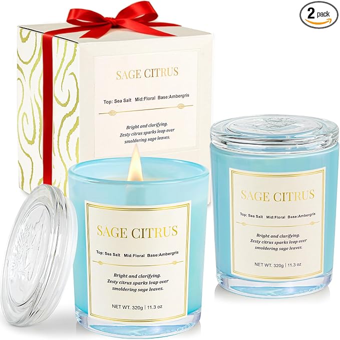 Scented Candles for Home,Wood Wick Sage Citrus Scented Candle,22.6 oz 150 Hour Long Burning Lasting, Natural Soy Wax Candles Gifts Set,for Holiday Day