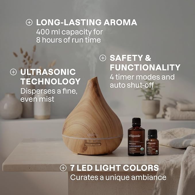 Cliganic Ultrasonic Aromatherapy Diffuser, 400ml Ultrasonic for Essential Oils Aromatherapy, Home & Office