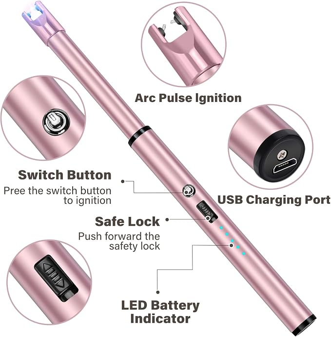Electric Candle Lighter Windproof USB Rechargeable Flameless Long Neck Lighter for Candles Gas Stove Fireplace BBQ Kitchen Grills (Pink)