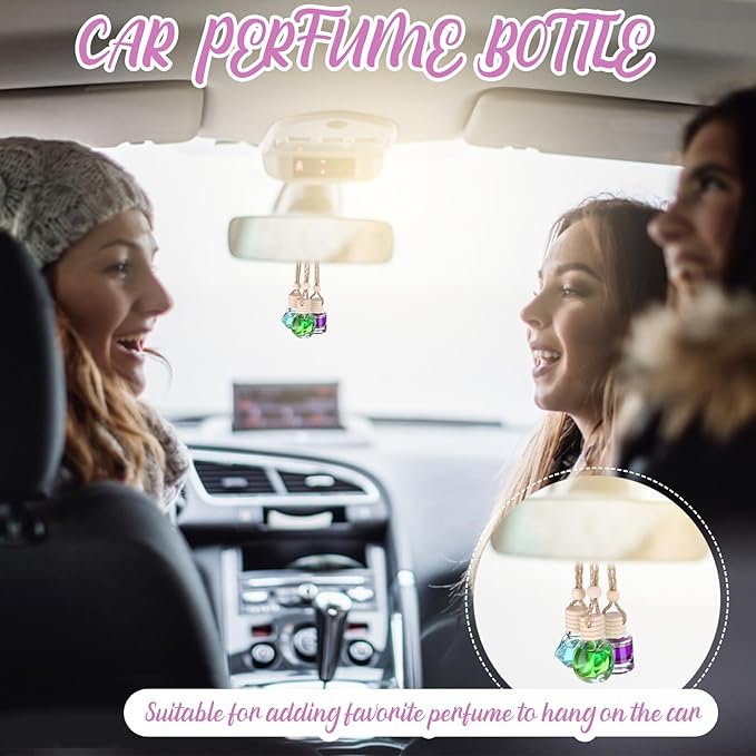 60 Pcs Hanging Car Air Freshener Car Diffuser Bottle Empty Glass Perfume Bottles Air Freshener Diffuser Bottle Pendant for Essential Oils Fragrance Aromatherapy Ornament Decor (Various Style)