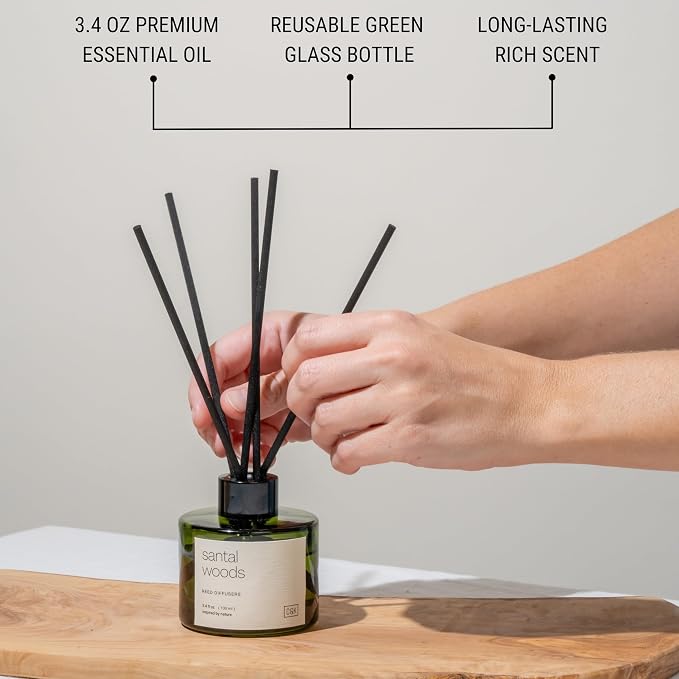 Craft & Kin Premium Oakwood Reed Diffuser – 3.4 oz Natural Essential Oil Diffuser for Home & Bathroom – Long-Lasting Fragrance with Rattan Scent Sticks – Green Glass Room Decor