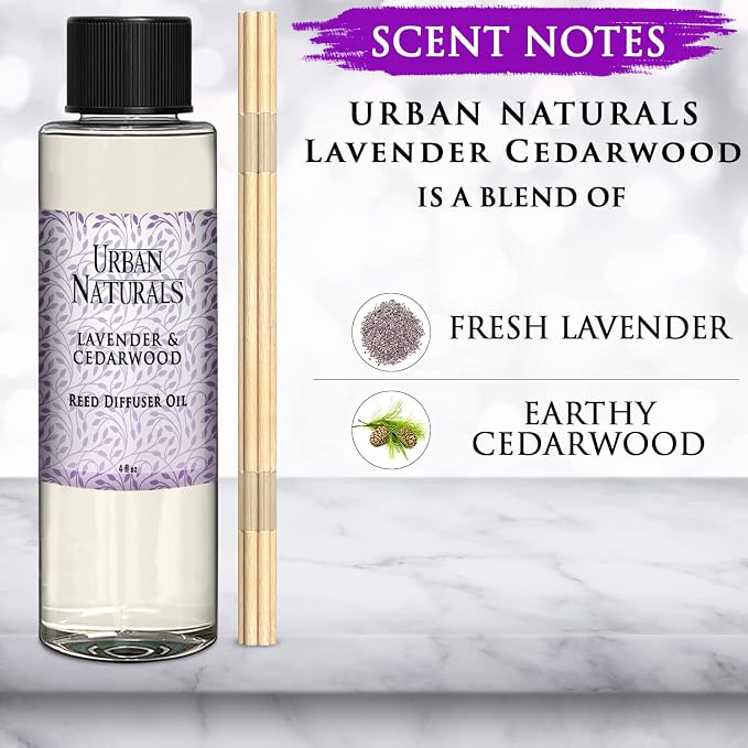 Urban Naturals Reed Diffuser Oil Refill Lavender Cedarwood, Lavender, Cedarwood, Herbal Aromatherapy Blend, 4 oz + Free Reed Sticks, Made in the USA