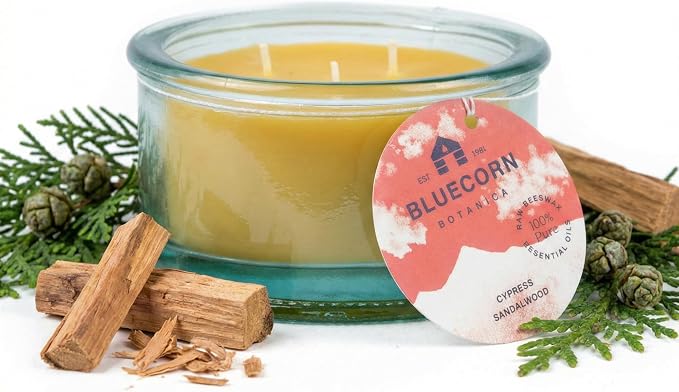 Bluecorn Botanica Beeswax 3-Wick Candle – Cypress & Sandalwood, 100% Pure Beeswax & Essential Oils – 10oz Hand-Blown Recycled Spanish Glass – Non Toxic, Clean Burning, Refillable Glass Jar