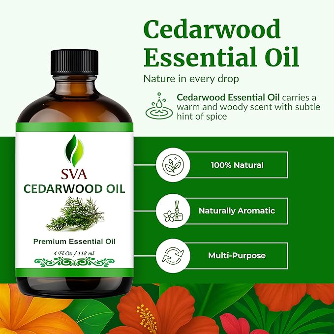 SVA Cedarwood Essential Oil – 4 Fl Oz – 100% Natural Cedar Juniperus Mexicana Oil - for Diffuser, Hair Care, Face, Skin Care, Aromatherapy, Scalp and Body Massage, Soap and Candles – with Dropper