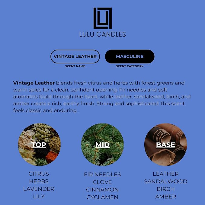 Lulu Candles | Vintage Leather Scented Soy Candle | Leather & Musk Fragrance | Luxury Jar Candle | Highly Scented Long Lasting Candle | Home Fragrance Gift (9 Oz.)