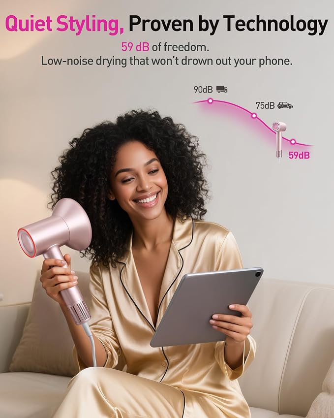 High-Speed Hair Dryer, 160,000 RPM Brushless Motor for Ultra-Fast Drying, 500M Ionic Negative for Frizz Reduce, Low Noise Thermo-Control Blow Dryer with Diffuser for Curly Hair Women and Men,Rose Gold