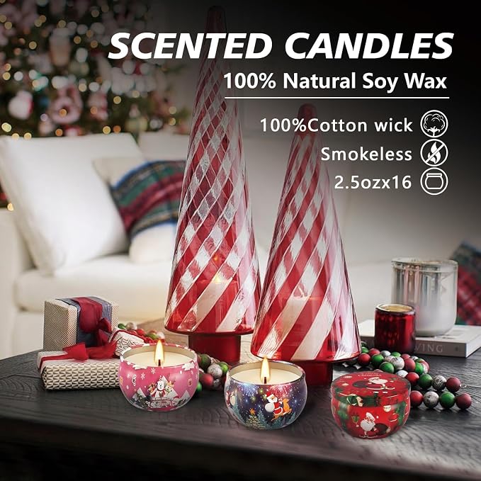 WPONSZU 16Pack Christmas Scented Candles, Gift Set 2.5oz Strong Fragrance Aromatherapy Candles,Portable Travel Tin Jar Candles Gifts for Home Scented Decoration Valentine'sDay