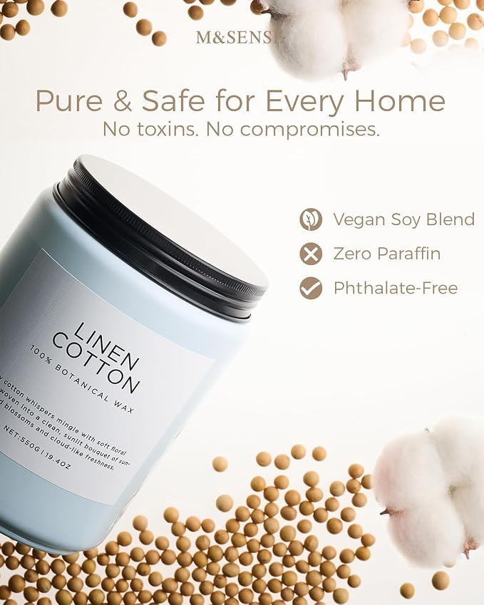 M&SENSE Fresh & Linen Cotton Scented Candles for Home, 19.4oz Natural Soy Wax, 110-Hour Long Lasting, Non Toxic Clean Cotton Scent for Laundry Day, Aromatherapy Home Fragrance Gifts for Family