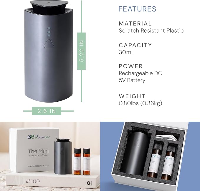 Air Esscentials 'The Mini' Gift Set, Mini Essential Oil Diffuser Kit for Home, Rechargable & Waterless Small Oil Diffuser, Covers 300 Sq. Ft. Coverage, Luxury Collection