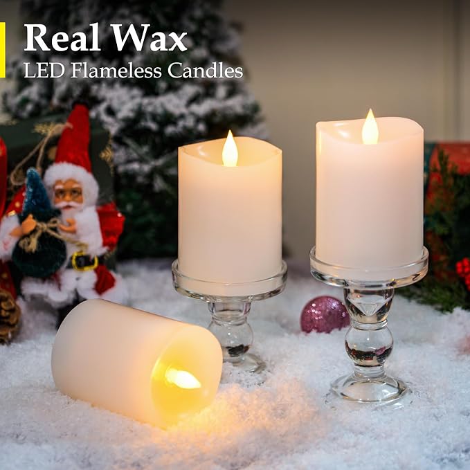 "3"x4" Flickering Flameless Candles with Remote Timer- Set of 3 Real Wax White Pillar LED Candles for Indoor/Outdoor Fireplace & Home Decor, Battery Operated with 600+ Hours Flickering (3" Diameter)
