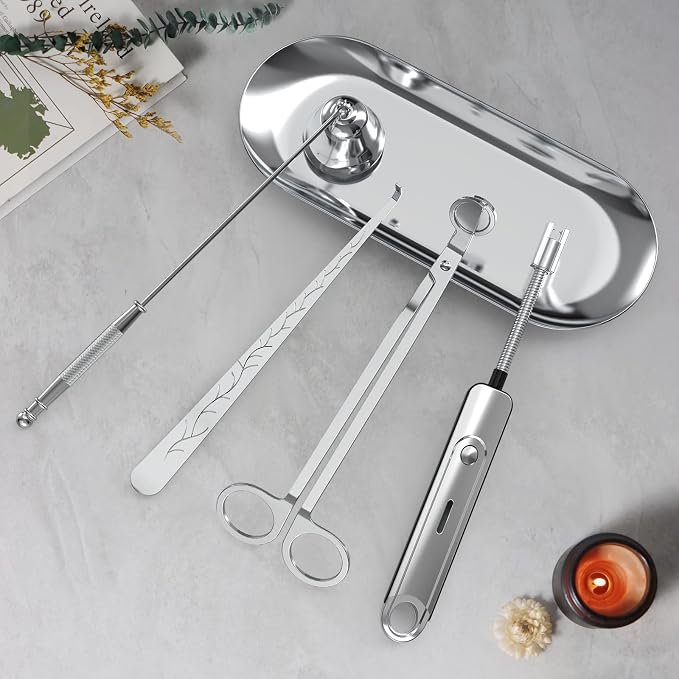 5Pcs Candle Accessory Set with Rechargeable Electric Lighter, Storage Tray, Wick Trimmer, Snuffer, Dipper - Stainless Steel Care Kit with Gift Package for Candle Lovers - Silver