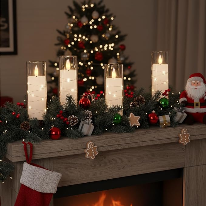 Raycare Flameless Candle with Remote Timer – 5 Flickering Acrylic Battery Operated LED Pillar Candles with Embedded Star String for Christmas, Wedding, Home Decor, and as a Gift(White)