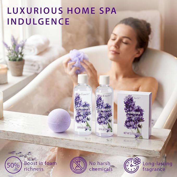 BODY & EARTH Spa Gift Baskets for Women 11pcs Lavender Gift Sets with Bubble Bath, Shower Gel, Body Lotion, Mom Birthday Gifts, Spa Kit, Purple Gift for Her, Mothers Day Gifts for Mom