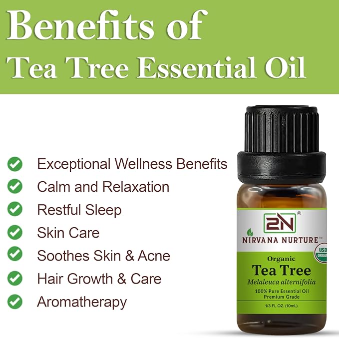 Tea Tree Essential Oil, USDA Certified Organic, 100% Pure Undiluted, Aromatherapy Oil for Diffuser, Hair & Skin Care