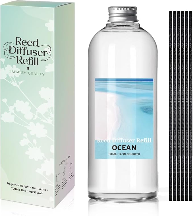SCENTORINI Reed Diffuser Oil Refill, 16.9oz Ocean Scented Essential Oil with 6 Sticks, Long Lasting Summer Home Fragrance for Large Space, Bathroom, Spa Room Aromatherapy, Hotel, Office Decor