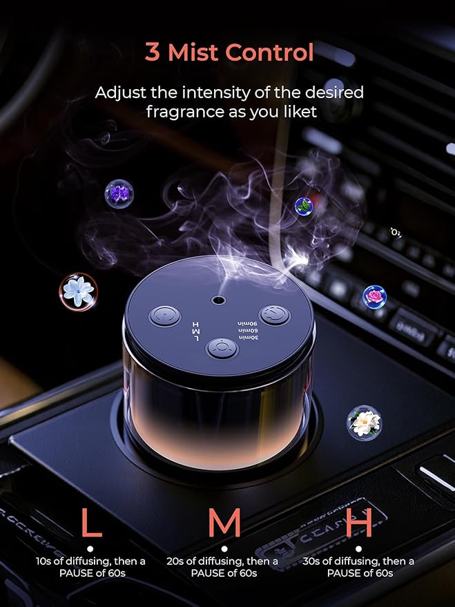 Battery Operated Waterless Diffuser – Portable Scent Machine for Car, Office & Bedroom, Ultrasonic Aroma Mist with 9 Color LED Light, Mini Essential Oil Diffuser Obsidian Black