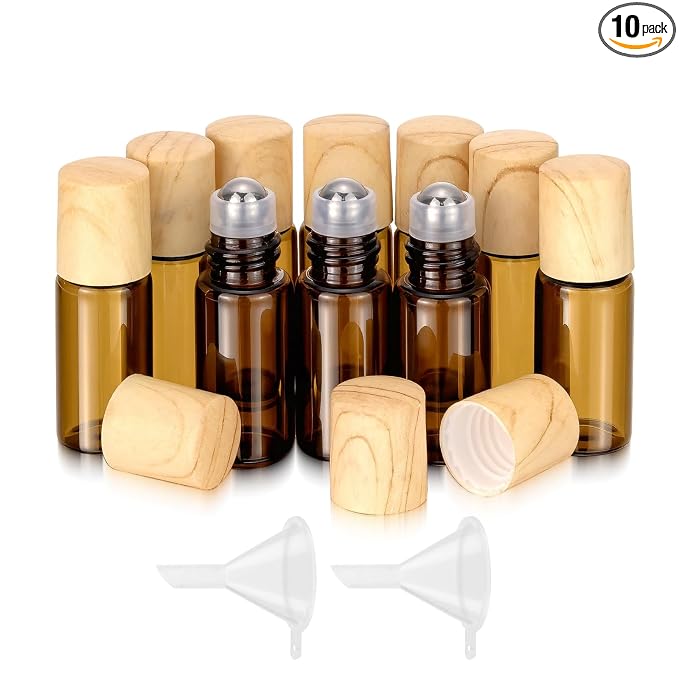 10Pcs 3ml Essential Oil Roller Bottles Empty Amber Glass Roll-on Vials for Perfumes Lip Balms, Leak Proof Travel Size, Refillable Sample Containers with Funnels