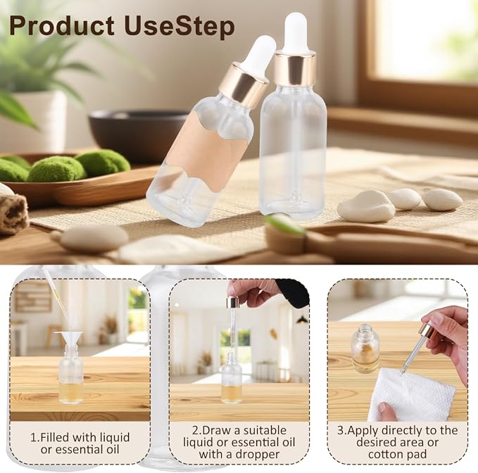 Glass Dropper Bottles, Clear, 1 oz Capacity, Leak-Proof, Cylindrical Shape with Glass Eye Dropper, 12 Pack for Essential Oils, Tinctures, Aromatherapy