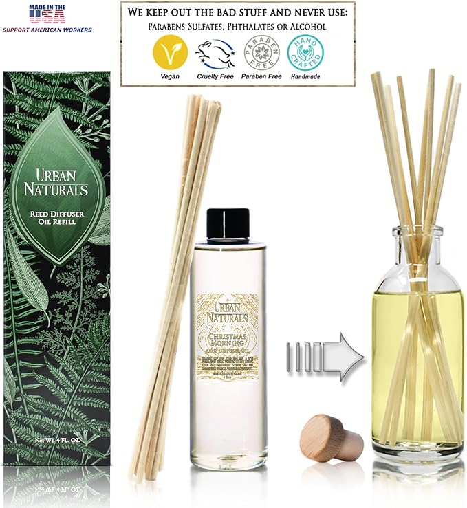 Urban Naturals Reed Diffuser Oil Refill Christmas Morning, Rosemary, Eucalyptus, Balsam Spruce, Orange, Essential Oils, 4 oz + Free Reed Sticks, Made in the USA