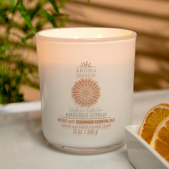 House of Velas, Aroma from Nature Wellness Collection Candle, 12 oz, 2 Cotton Wicks, Ambered Citrus, Large Painted Jar