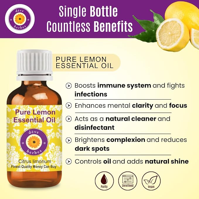 Deve Herbes Lemon Essential Oil (Citrus limonum) Pure | Non-Sticky | Non-Greasy | Lightweight | Men & Women | All Skin Types | Steam Distilled 30ml