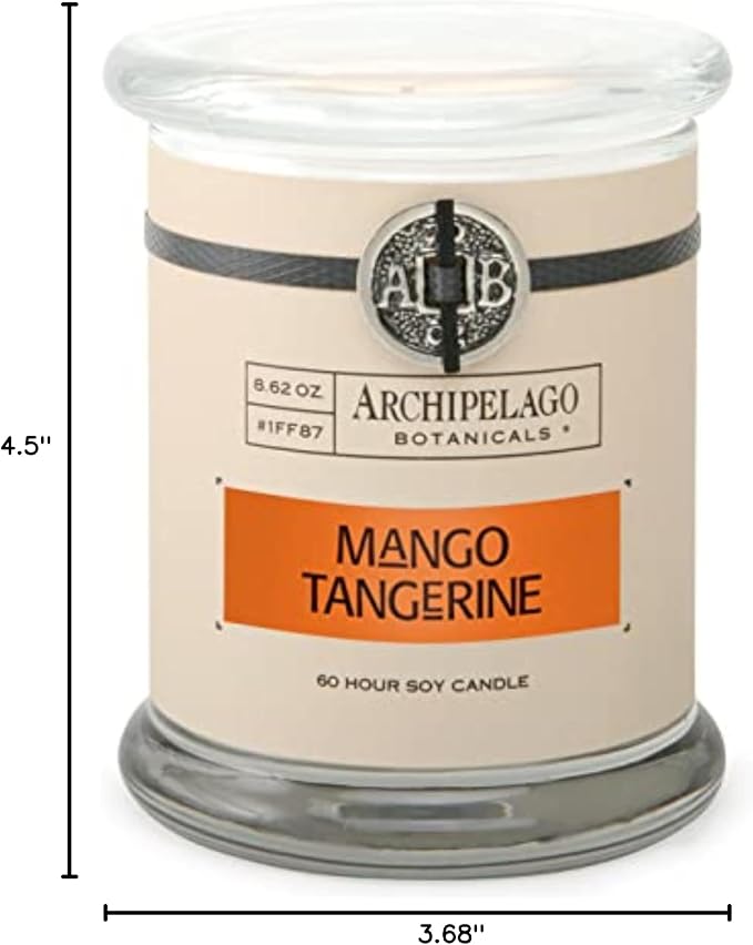 Archipelago Botanicals Scented Candle Hand-Poured Premium Wax, Burns Approx. 60 Hours, Mango, Tangerine, Soy Candle in Glass Jar, 4.5 Inch, 8.6 oz