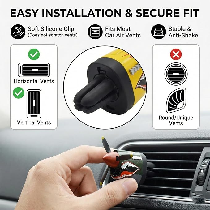 P-40 Warhawk Car Air Freshener with Spinning Propeller - Vent Clip Dashboard Decor for Men, Long Lasting Odor Eliminator & Aviation Gift (BLACK-P40-SHARK-2SET)