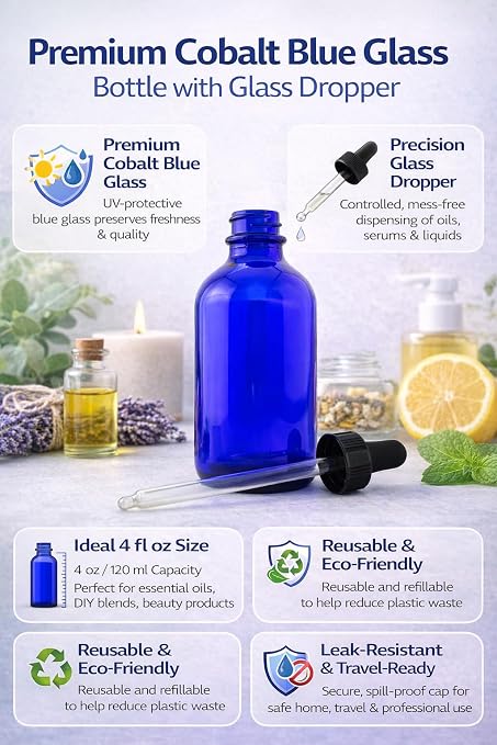 GreenHealth 4 fl oz Cobalt Blue Glass Bottle with Glass Dropper – Refillable, UV-Resistant, Leak-Proof – Ideal for Essential Oils, Aromatherapy, DIY Blends, Perfumes, and More (Single)