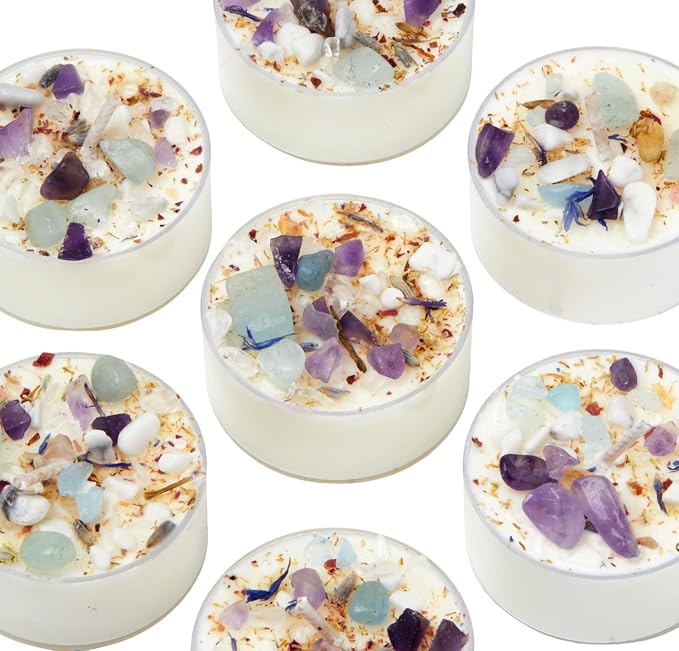 Lavender Chamomile Candle by New Moon Beginnings - Calming Energy Candle - Crystal Candle & Herb Candle - Aromatherapy Candle - Essential Oil Candle (Set of 6 Tealights)