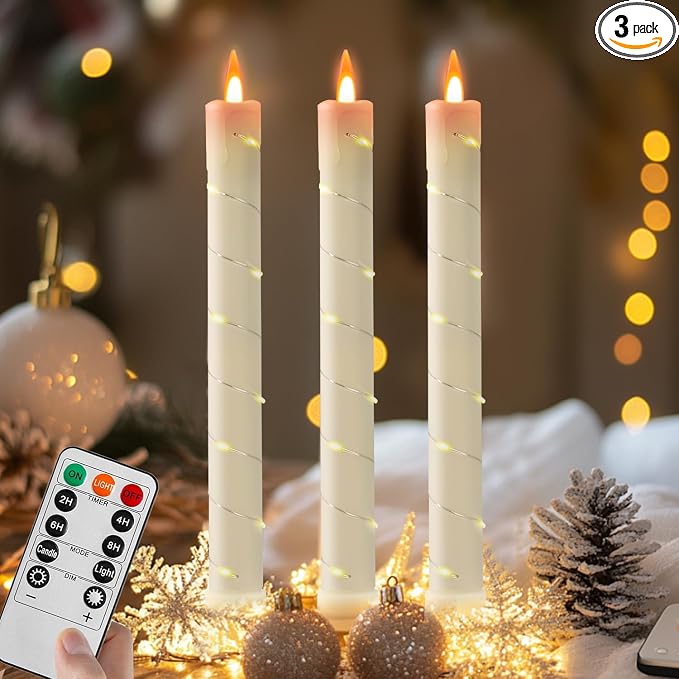 3 Pcs Flameless Taper Candles, Battery Taper Candles Flickering Flame with Embedded Star String, Outdoor Candle Sticks, Timer Function Ideal for Weddings, Anniversaries, Birthday Party(Ivory)