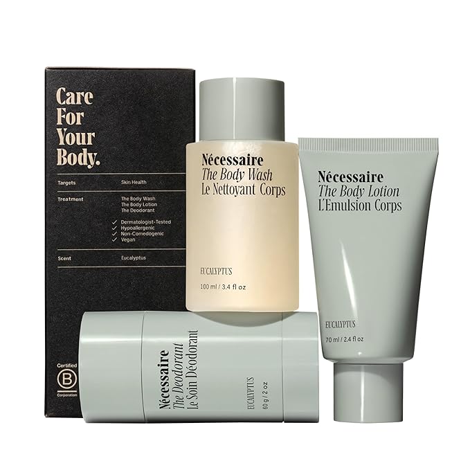 Nécessaire Body Essentials - Skin Care Gift Set For Women + Men - Travel-Size Body Wash, Body Lotion + Deodorant | Dermatologist-Tested. Hypoallergenic | Vegan | Aluminum-Free Deodorant (Eucalyptus)