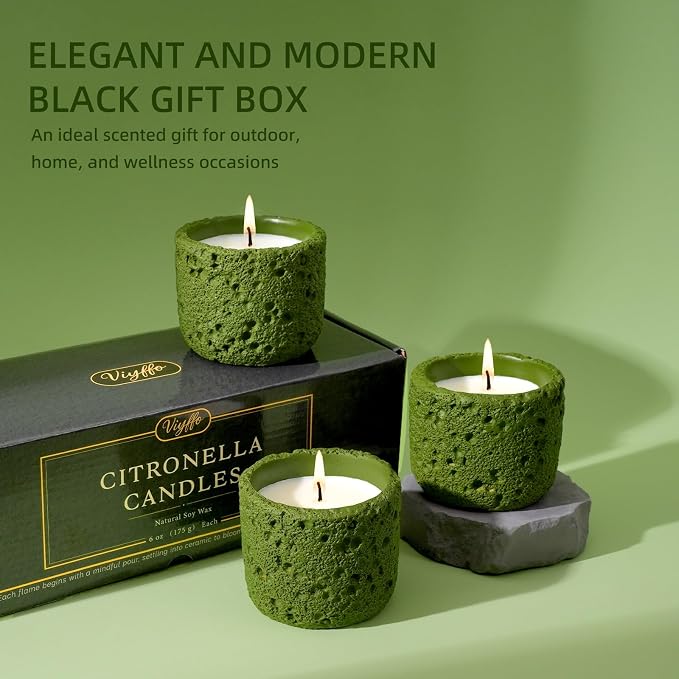 Viyffo 3 Pack Citronella Candles Outdoor, Lemongrass Scented Candle Set, Small 6oz Soy Candle in Green Ceramic Jar, Outdoor Candles for Patio, Deck, Garden, Backyard & Camping Gift (12 Hour Burn Each)