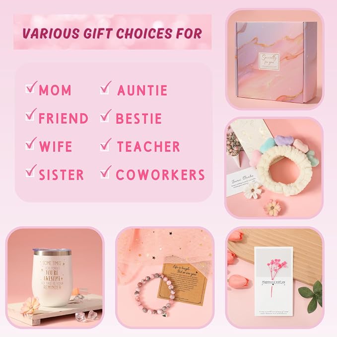 Happy Birthday Gifts for Women, 9pc Get Well Baskets, Pink Self Care Package Relaxing Spa Bath Thinking of You Gift Set for Gf Sister Friend Nurse Daughter Teacher Mother Christmas
